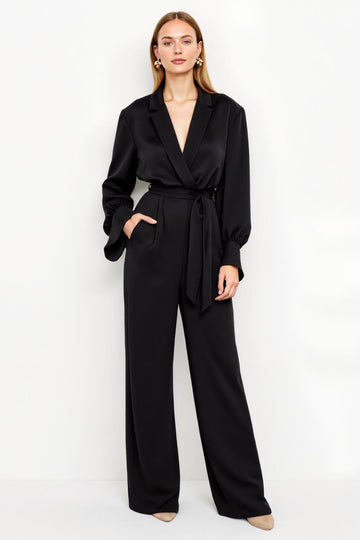 Black Notched Lapel Jumpsuit with Belt